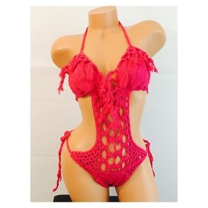 Pink Crochet Halter One Piece Trikini Swimsuit S